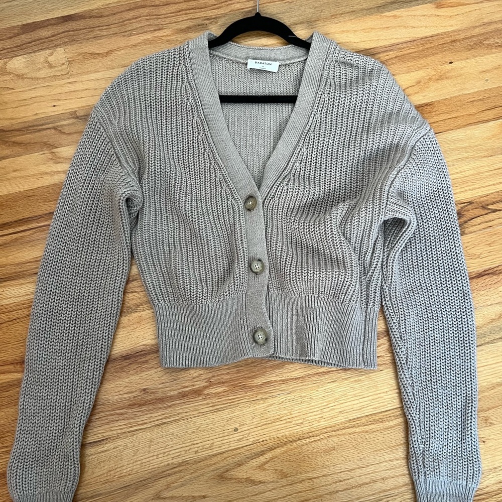 Babaton Taupe Knit Cardigan Sweater